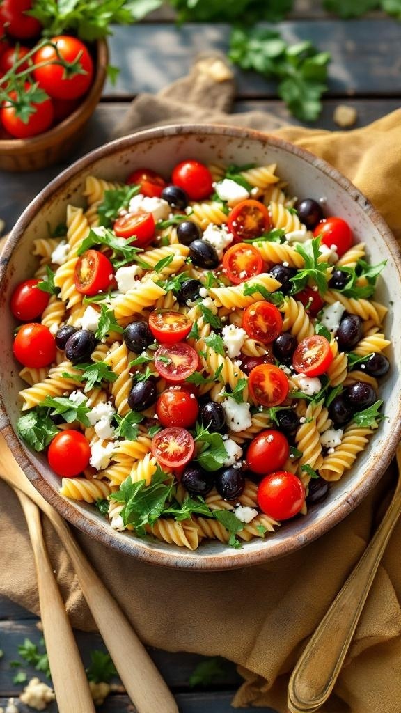 A bowl of Mediterranean pasta salad with cherry tomatoes, olives, and feta cheese.