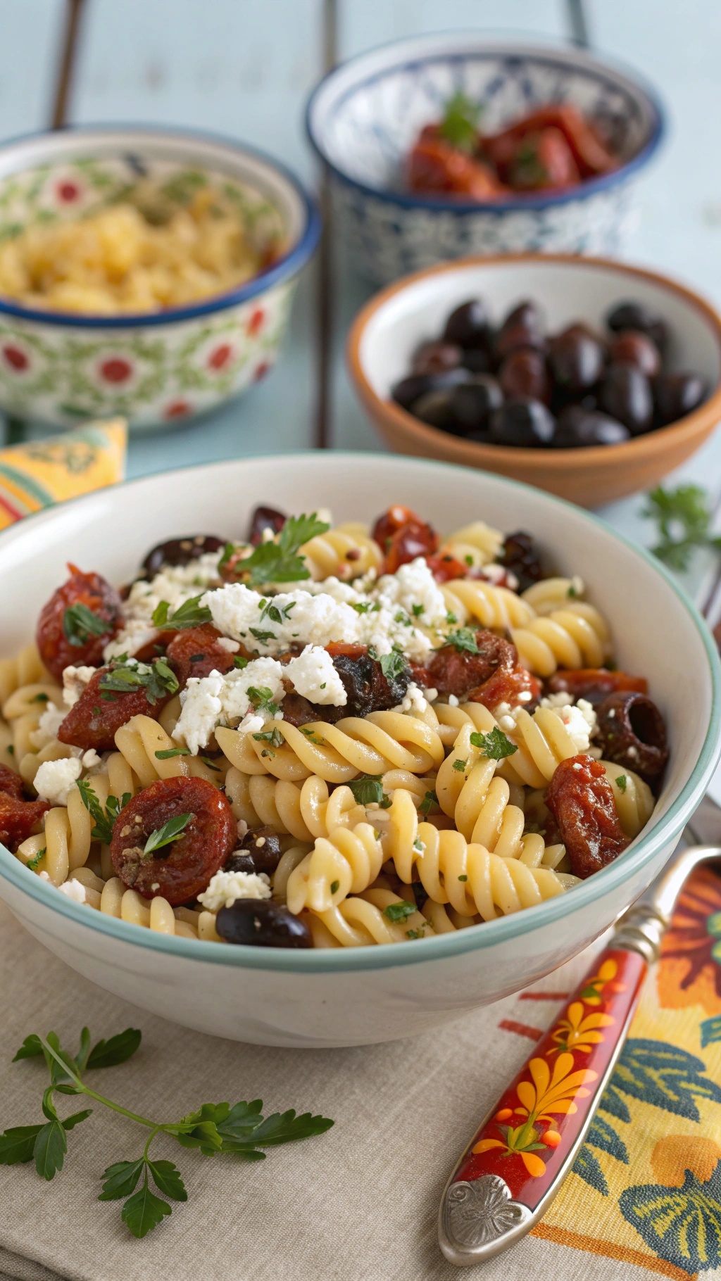 A bowl of Mediterranean pasta with olives, sun-dried tomatoes, and feta cheese, garnished with fresh parsley.