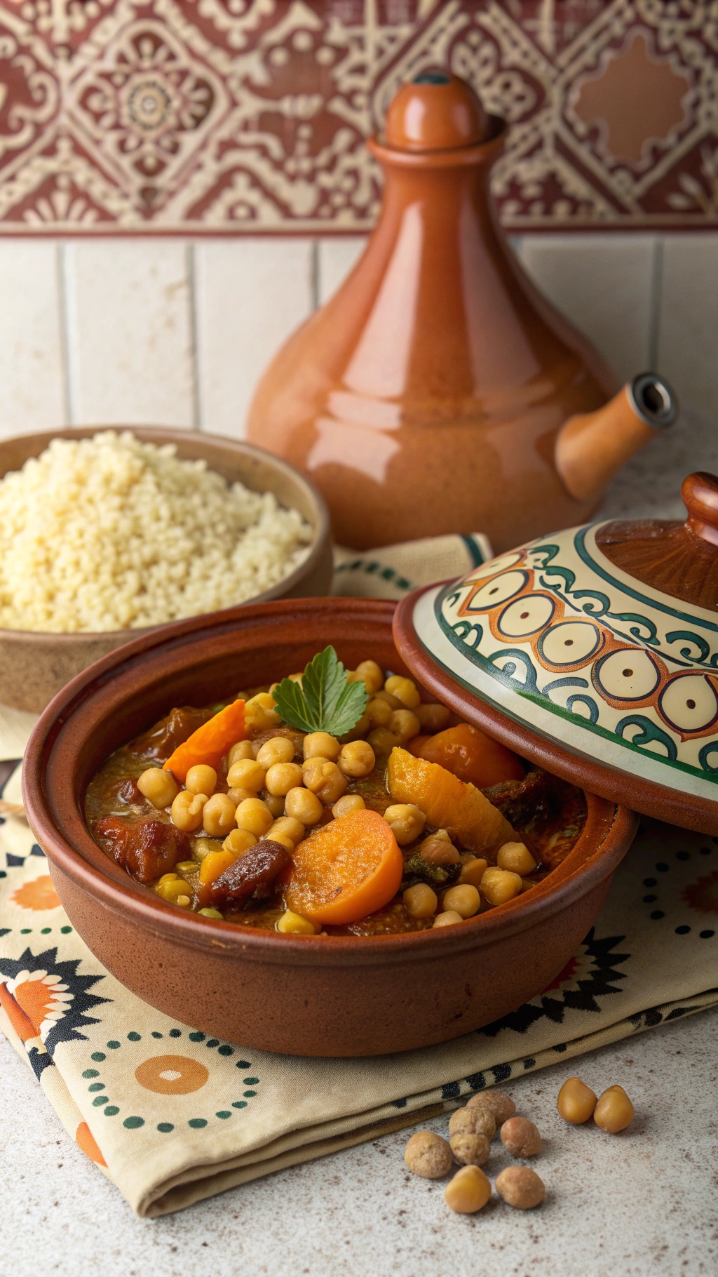 A vibrant Moroccan Chickpea Tagine served in a traditional pot with couscous on the side.