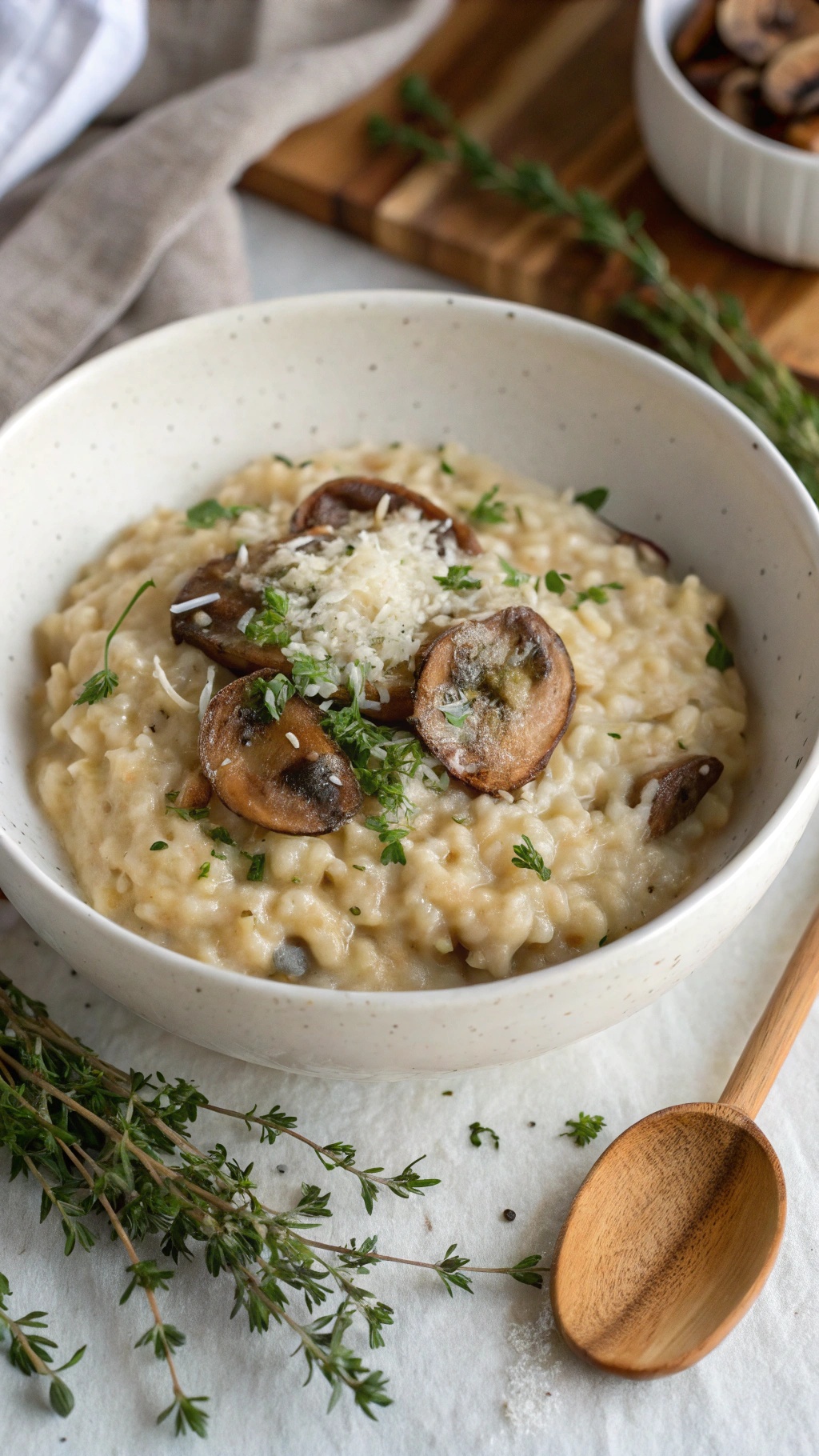 A bowl of creamy mushroom risotto garnished with thyme and sautéed mushrooms.