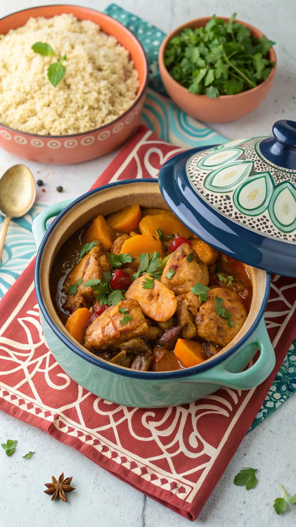 A colorful Moroccan Chicken Tagine in a traditional pot, served with couscous and fresh herbs.