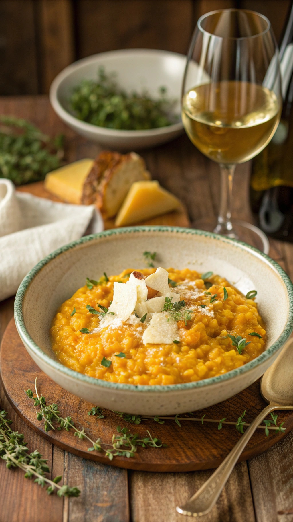 A bowl of creamy pumpkin risotto garnished with herbs and cheese, served with a glass of white wine.