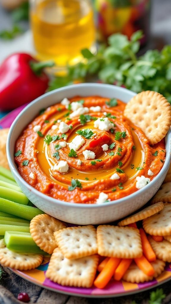 A bowl of roasted red pepper and feta dip surrounded by fresh vegetables and crackers.