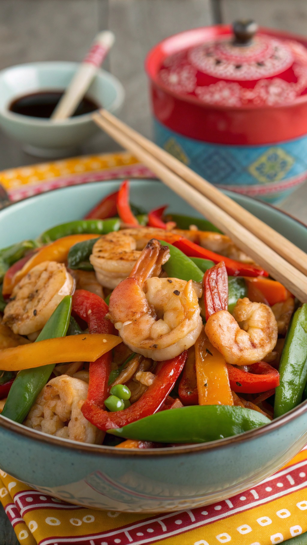 A colorful shrimp and vegetable stir-fry in a bowl with chopsticks