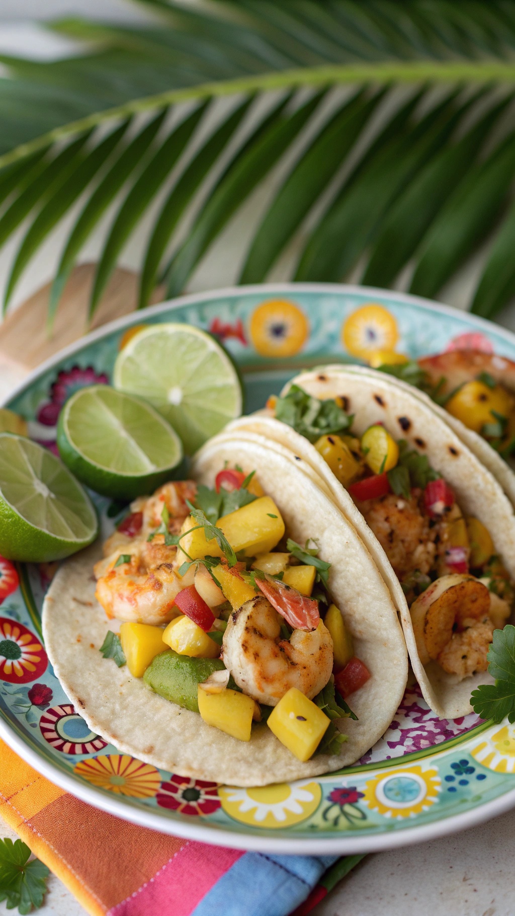 Shrimp tacos with mango salsa on a colorful plate, garnished with lime wedges.