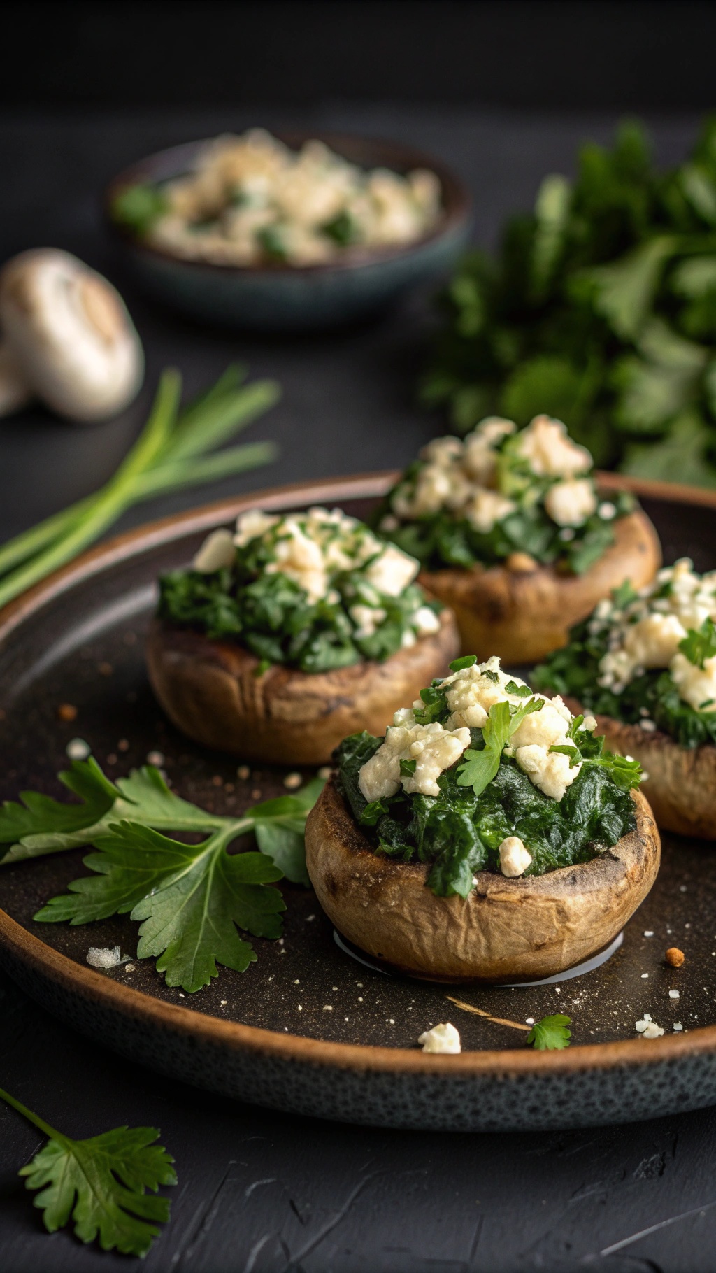 A plate of spinach and feta stuffed mushrooms garnished with parsley.