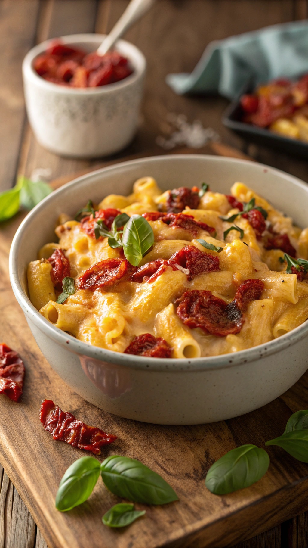 A bowl of creamy keto mac and cheese topped with sun-dried tomatoes and fresh basil.