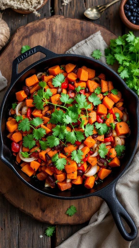 A colorful sweet potato hash in a cast iron skillet, topped with fresh cilantro.