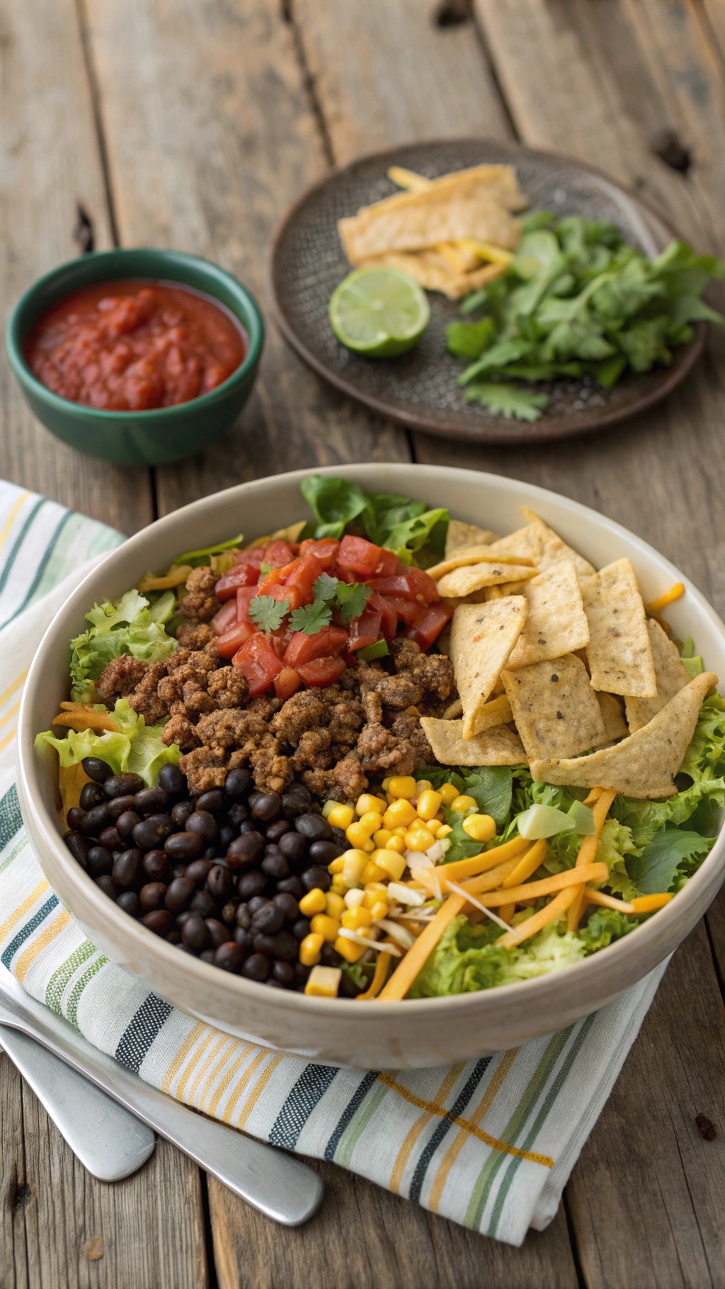 A colorful taco salad with ground turkey, black beans, corn, and fresh toppings.