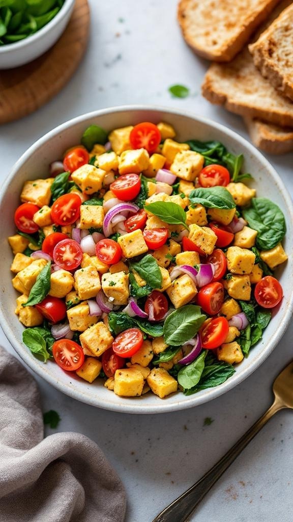 A colorful tofu scramble with cherry tomatoes, spinach, and red onions served in a bowl with slices of toasted bread on the side.