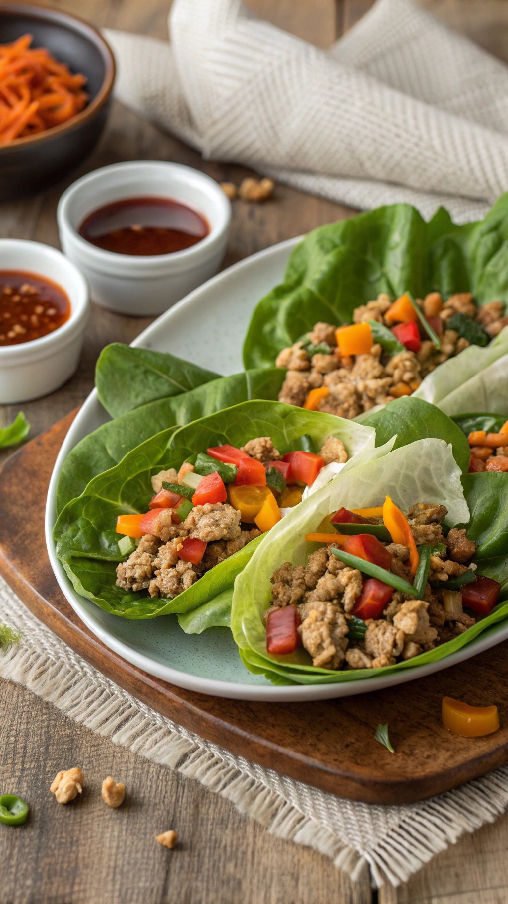 Turkey and spinach lettuce wraps served on a plate with colorful vegetables