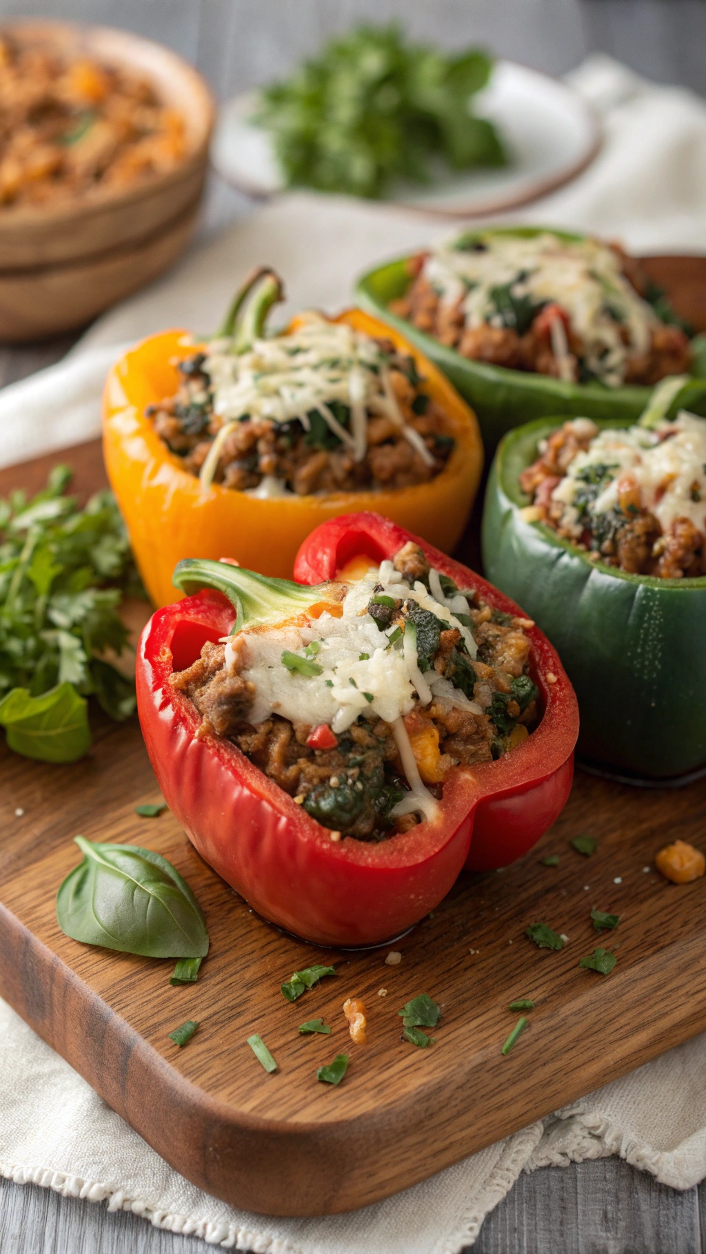 Colorful stuffed peppers filled with turkey and spinach, topped with melted cheese.