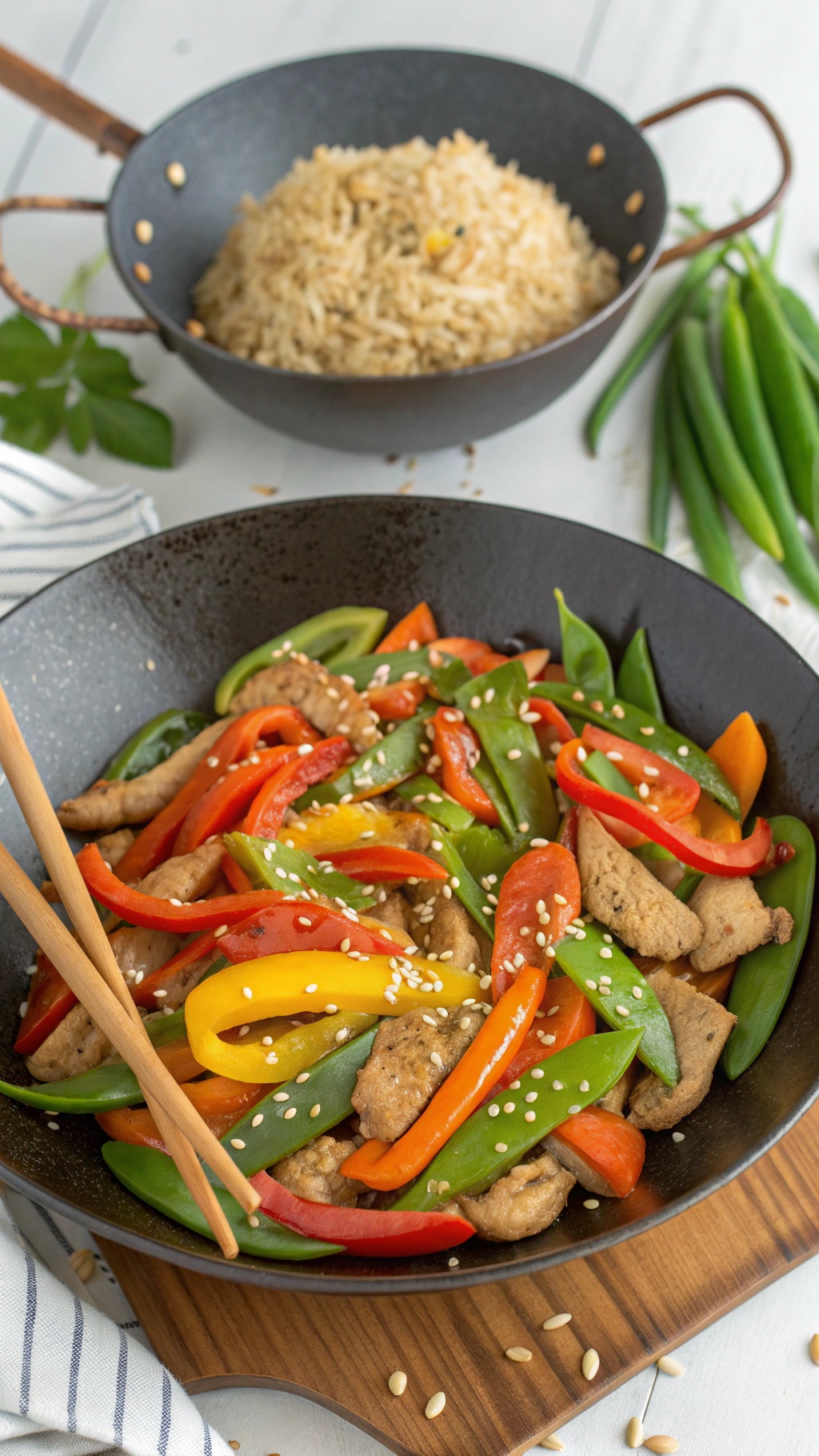 A colorful turkey and vegetable stir-fry with bell peppers and snap peas.