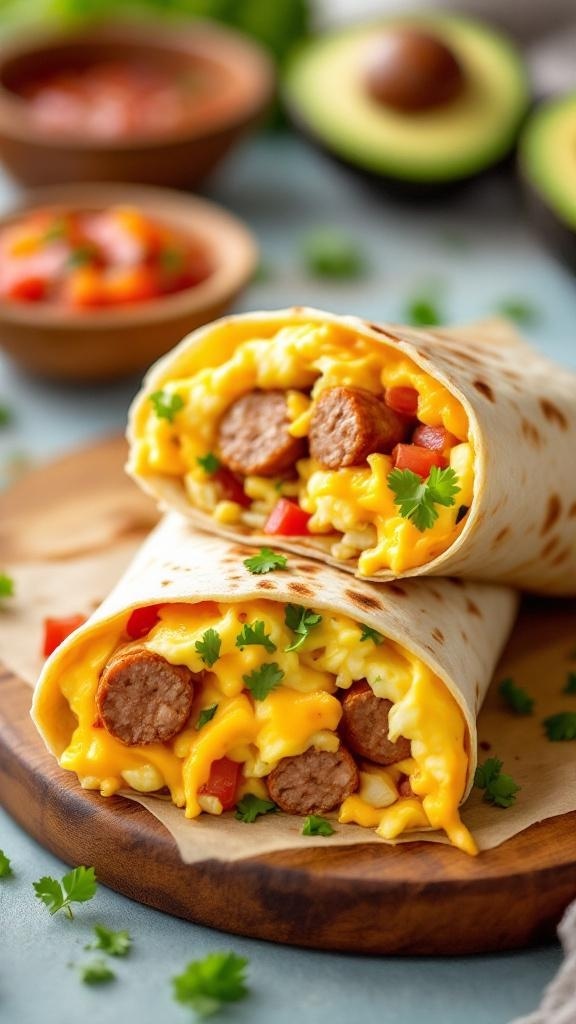 Turkey sausage and egg breakfast wrap with cheese and fresh toppings