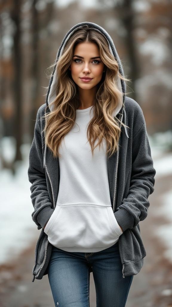 A man wearing a brown fleece-lined hoodie and denim jeans in a snowy outdoor setting.