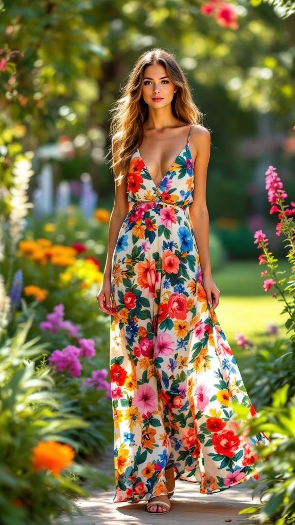 A woman wearing a floral maxi dress with strappy sandals, walking through a garden filled with colorful flowers.