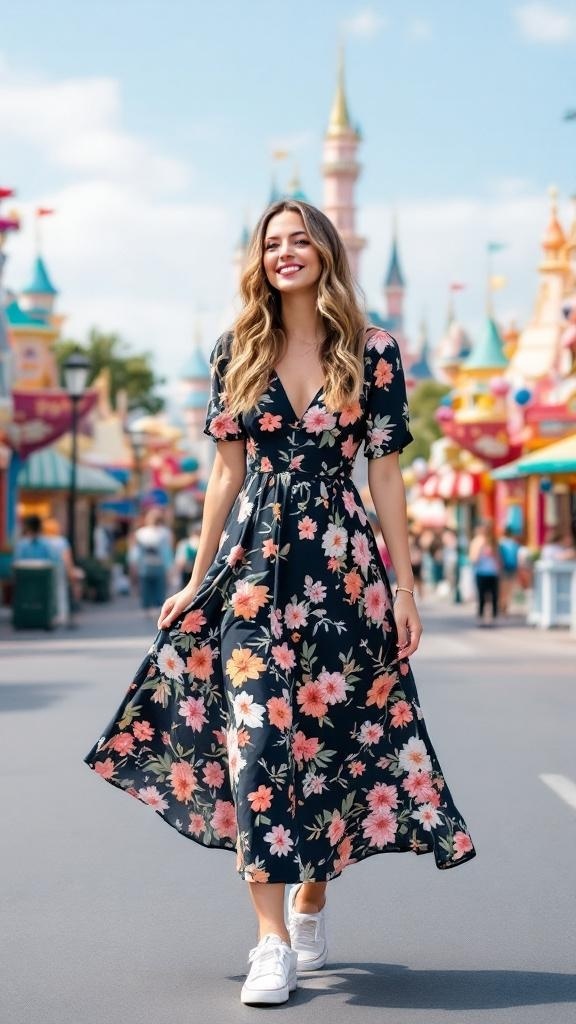 A woman wearing a floral midi dress and white sneakers walking happily in Disneyland.