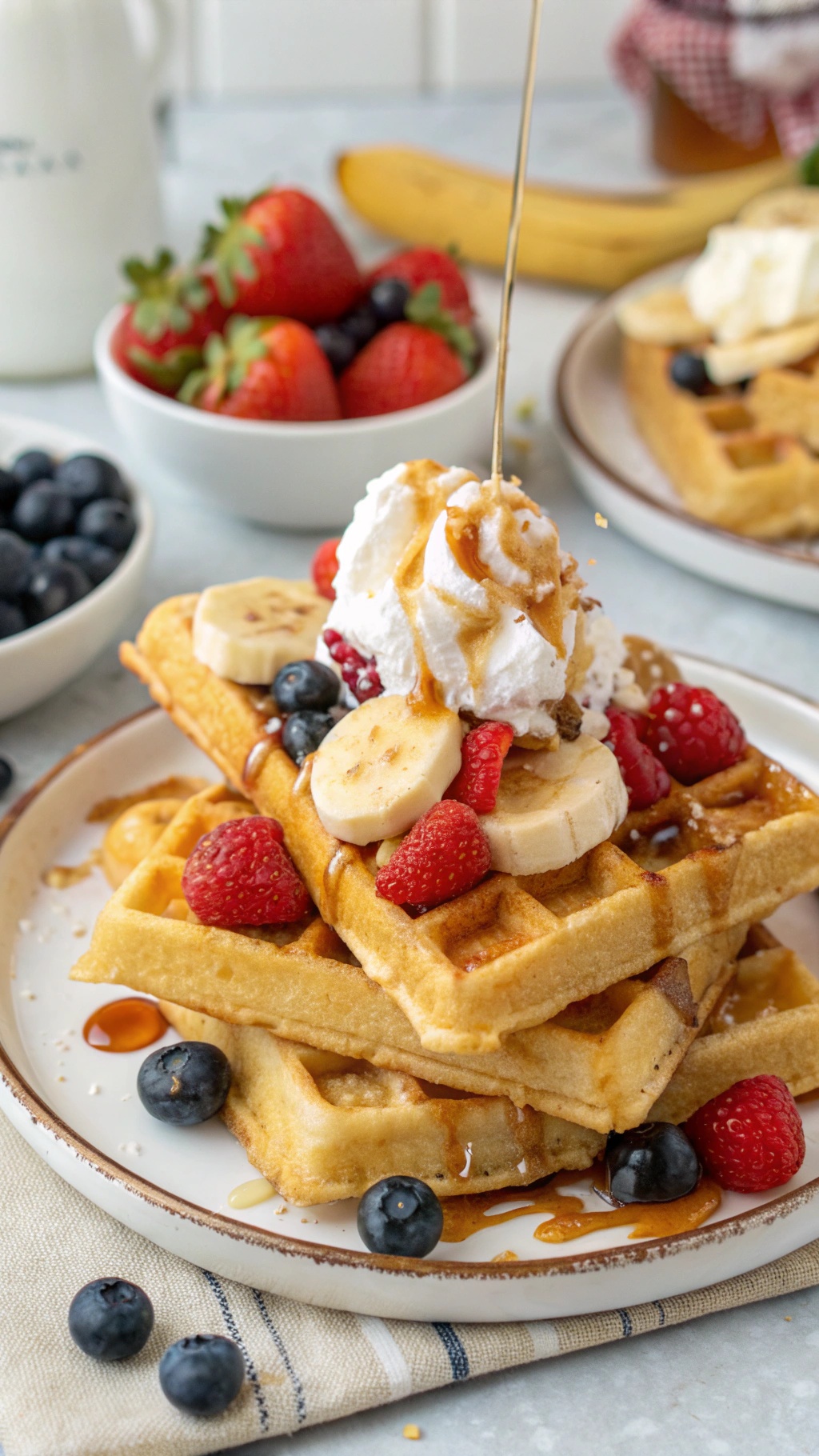 Fluffy banana protein waffles topped with fresh fruits and syrup