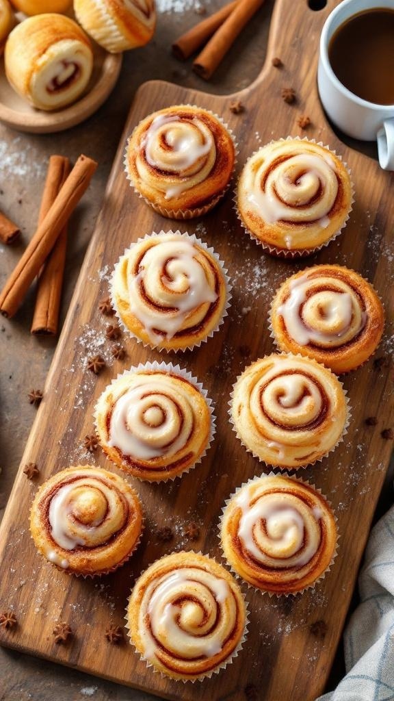 Fluffy cinnamon roll muffins topped with icing on a wooden board, surrounded by cinnamon sticks and a cup of coffee.