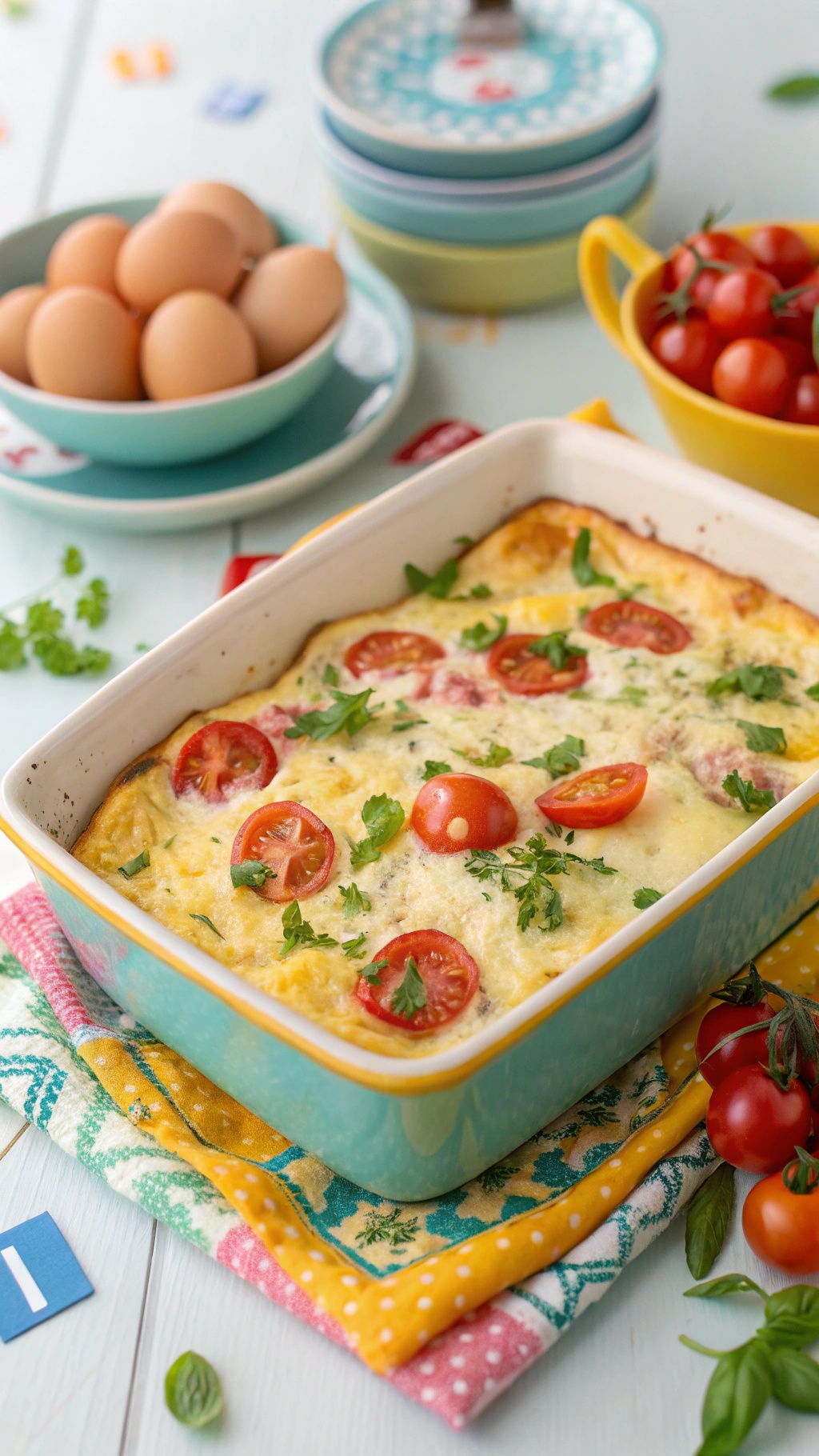 A fluffy egg and cheese casserole topped with cherry tomatoes and herbs, surrounded by eggs and colorful bowls.
