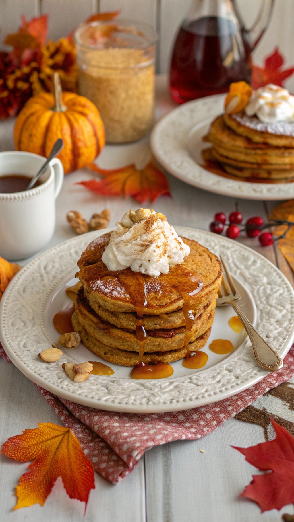 Fluffy low-carb pumpkin pancakes topped with whipped cream and syrup, surrounded by autumn decorations.