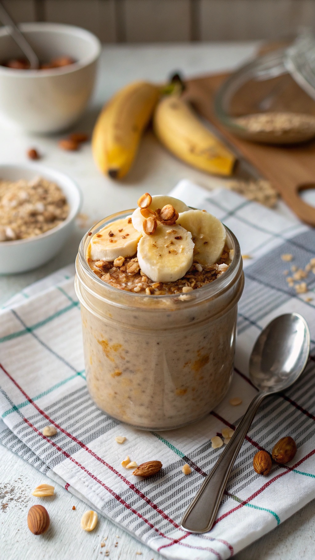 A jar of fluffy peanut butter banana overnight oats topped with banana slices and nuts, with additional bananas and a bowl of oats in the background.