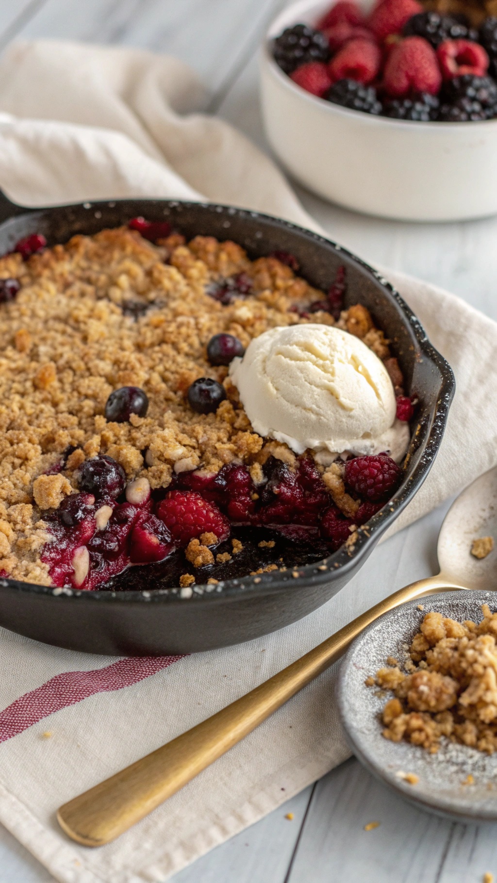 A delicious berry crumble topped with ice cream, served in a cast iron skillet with fresh berries in a bowl beside it.