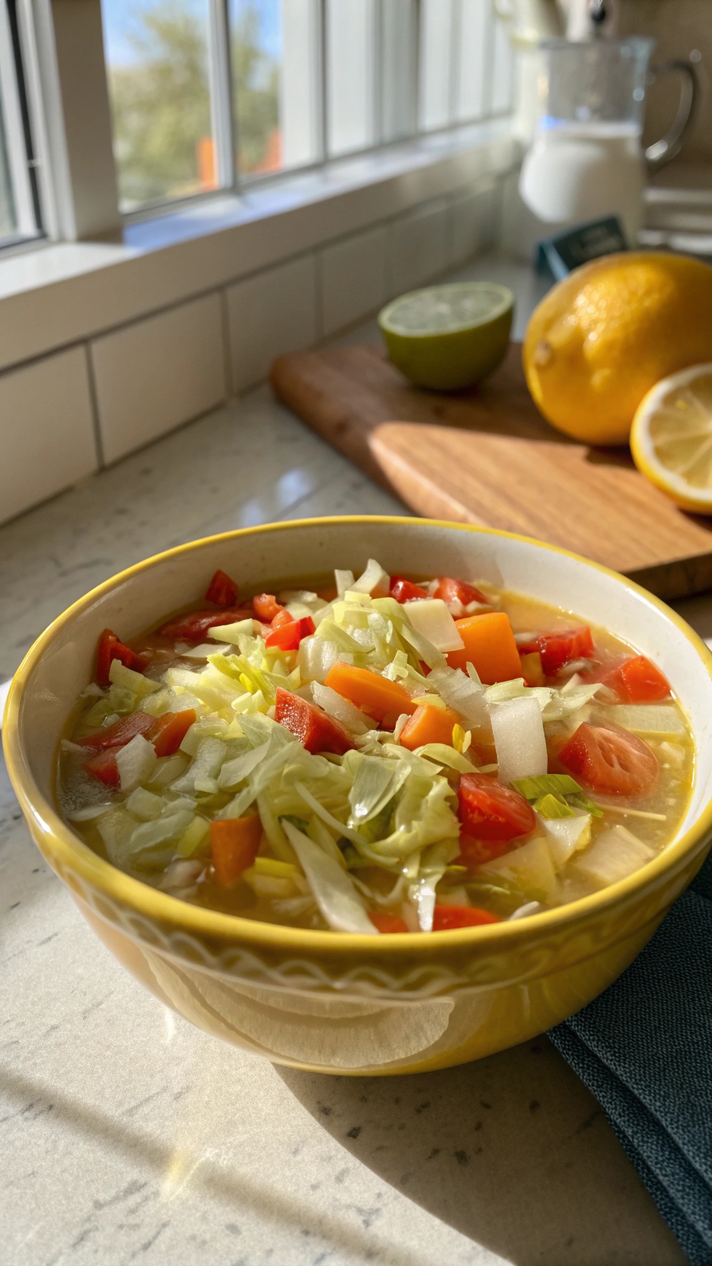 A bowl of fresh cabbage and vegetable soup with colorful vegetables.