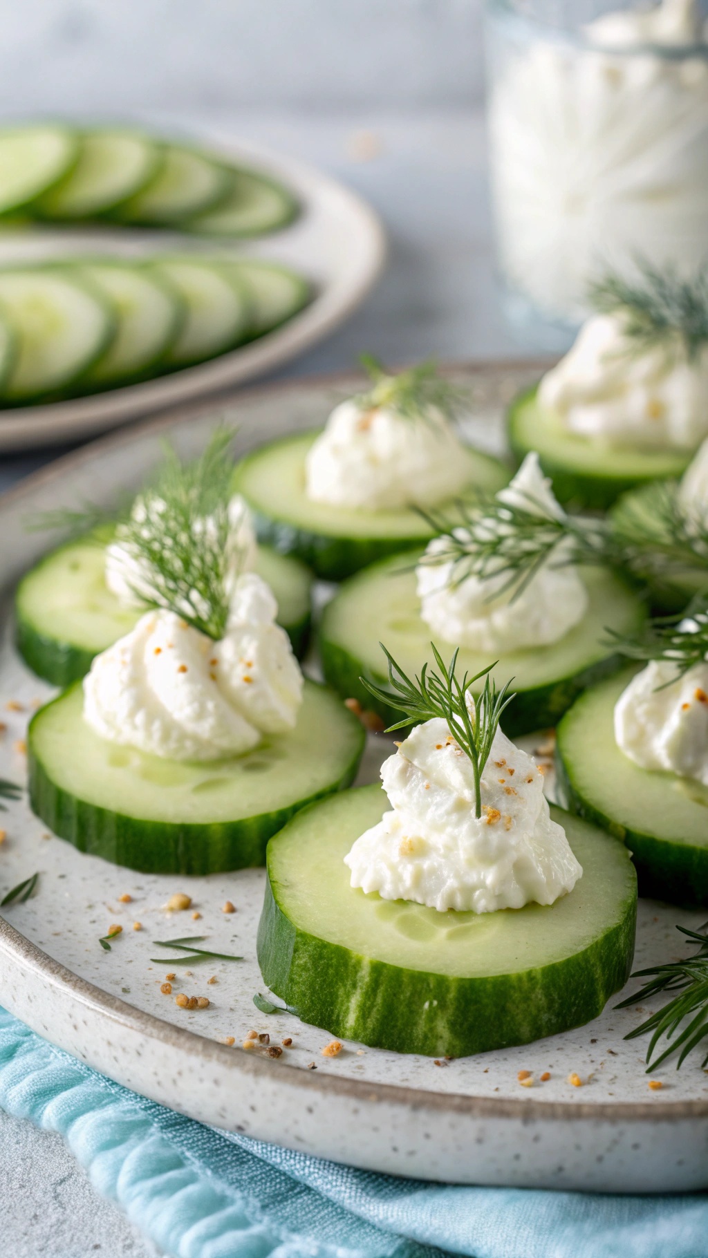 Cucumber slices topped with vegan cream cheese and garnished with dill.