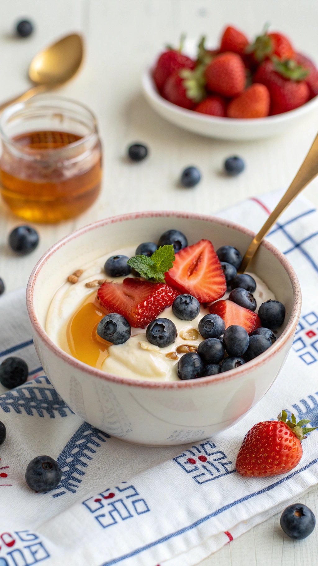 A bowl of Greek yogurt topped with honey, strawberries, blueberries, and garnished with mint leaves.