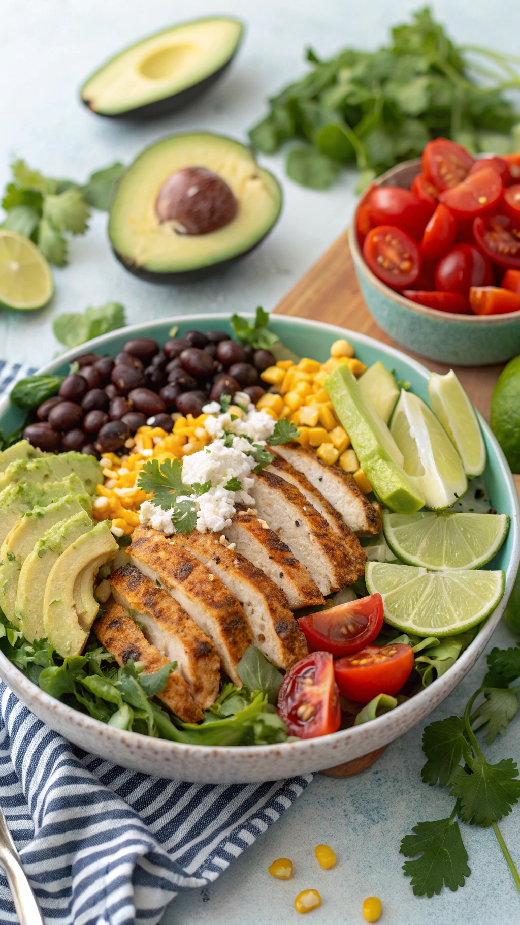 A colorful taco salad with grilled chicken, black beans, corn, avocado, and tomatoes.