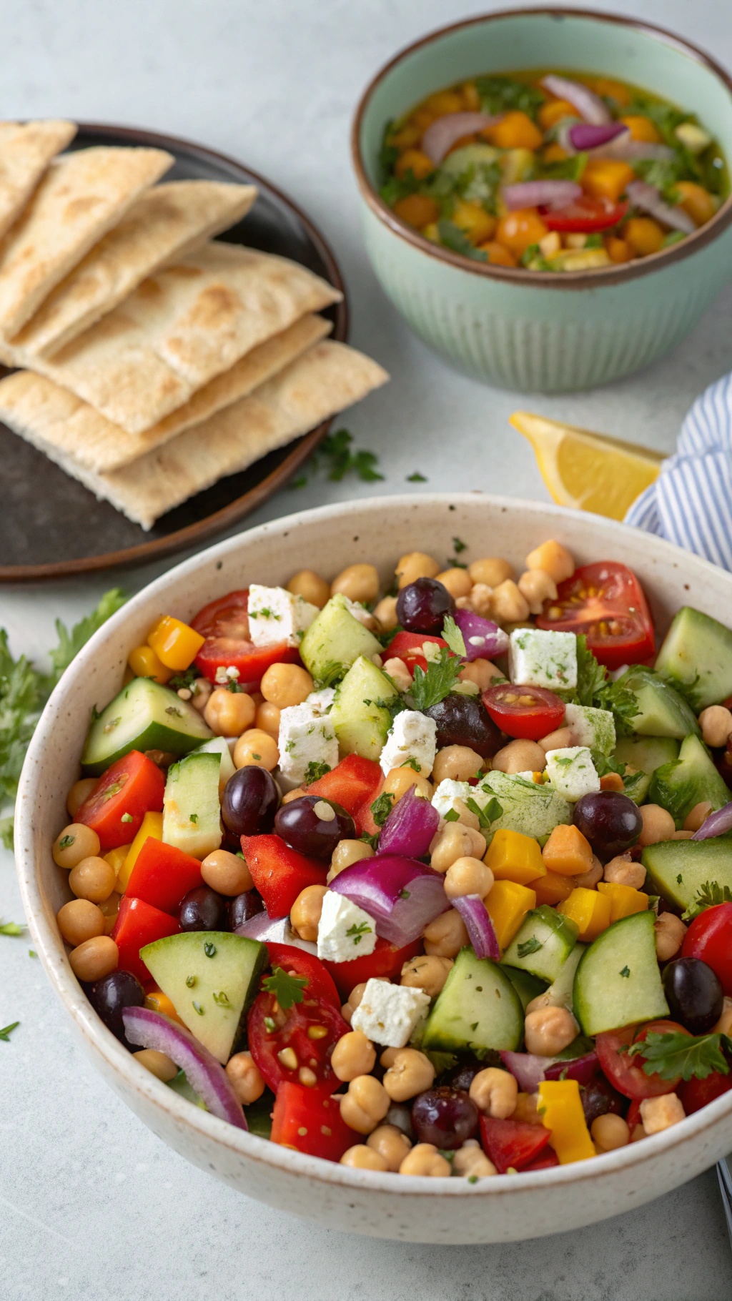 A colorful Mediterranean chickpea salad with fresh vegetables and feta cheese, served with pita bread.