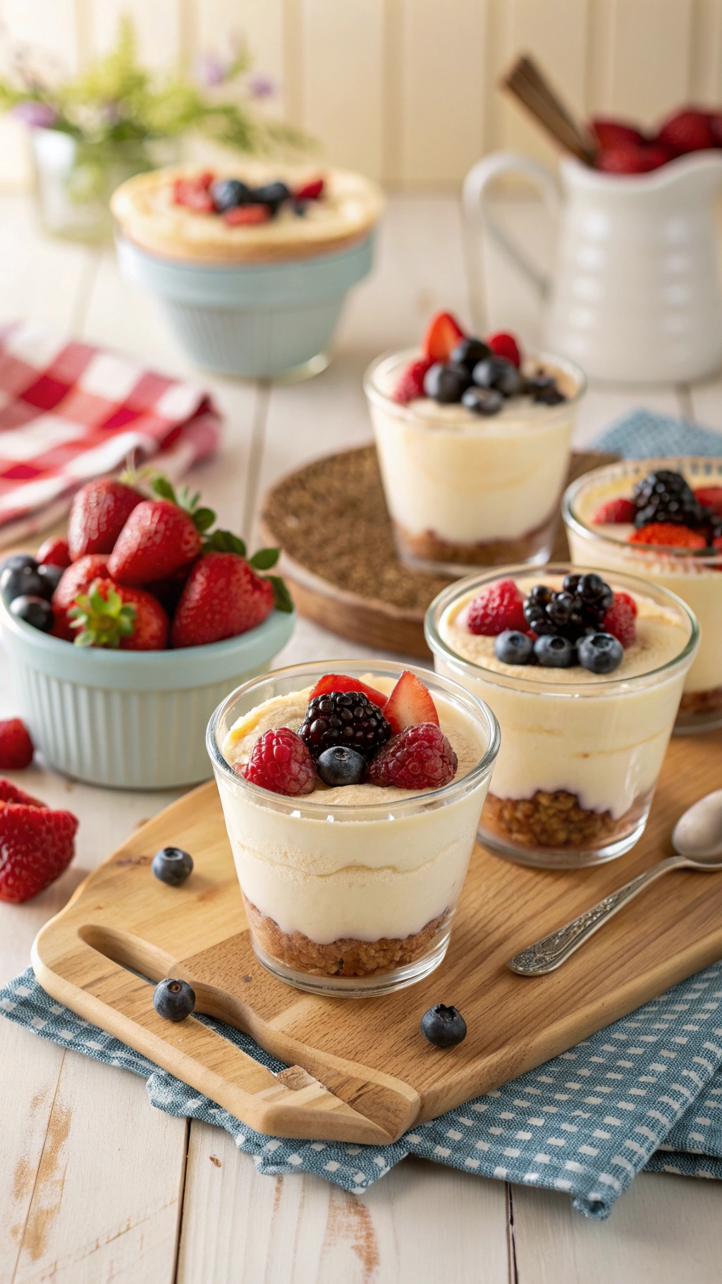 Fresh Berry Cheesecake Cups with strawberries, blueberries, and blackberries on top.