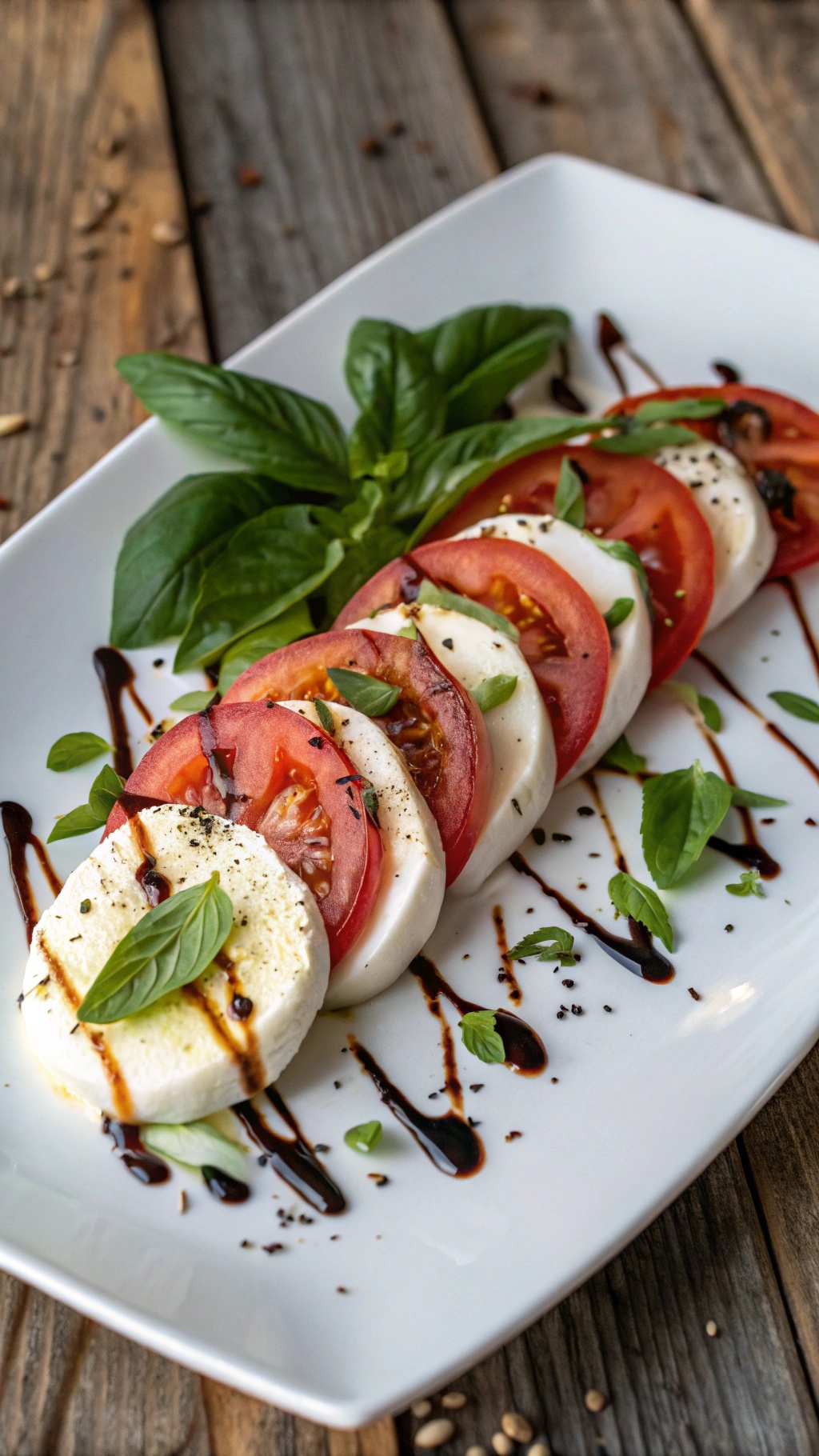 A fresh Caprese salad with sliced tomatoes, mozzarella, and basil drizzled with balsamic glaze.