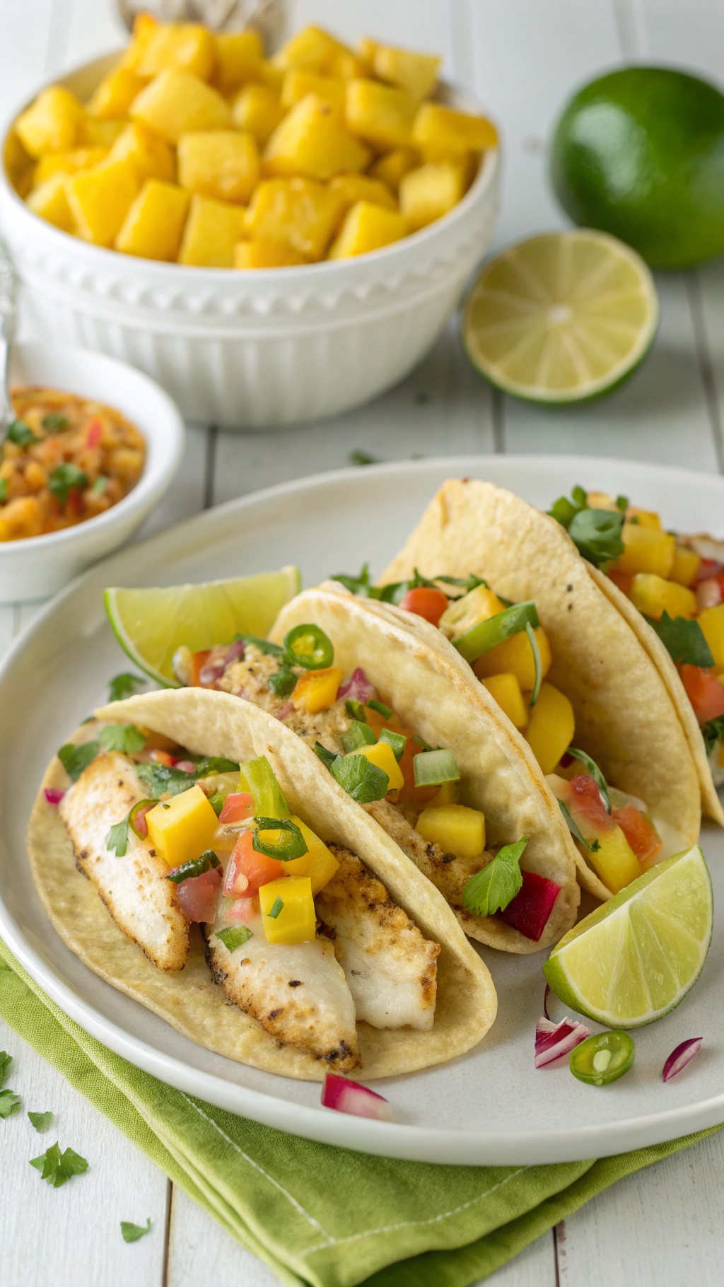 Fresh fish tacos with mango salsa served on a plate with lime wedges and a side of diced mango.