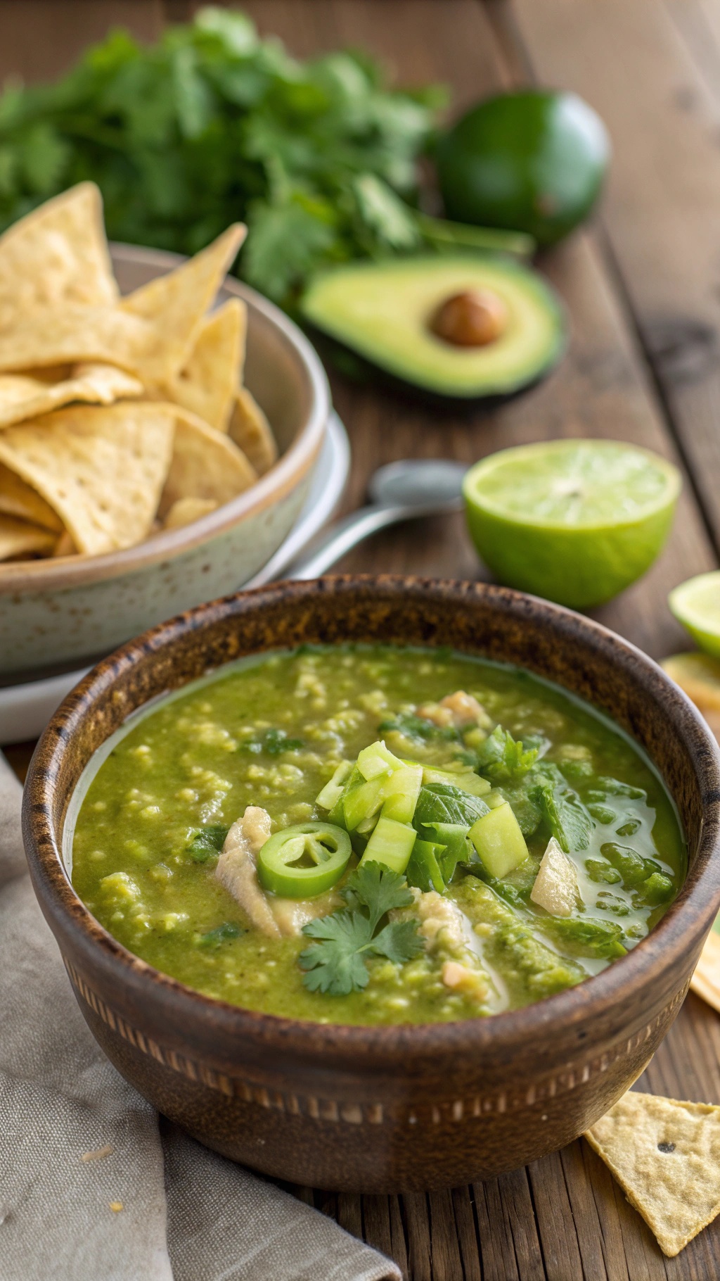 A bowl of chicken tortilla soup topped with fresh salsa verde, surrounded by tortilla chips and lime wedges.