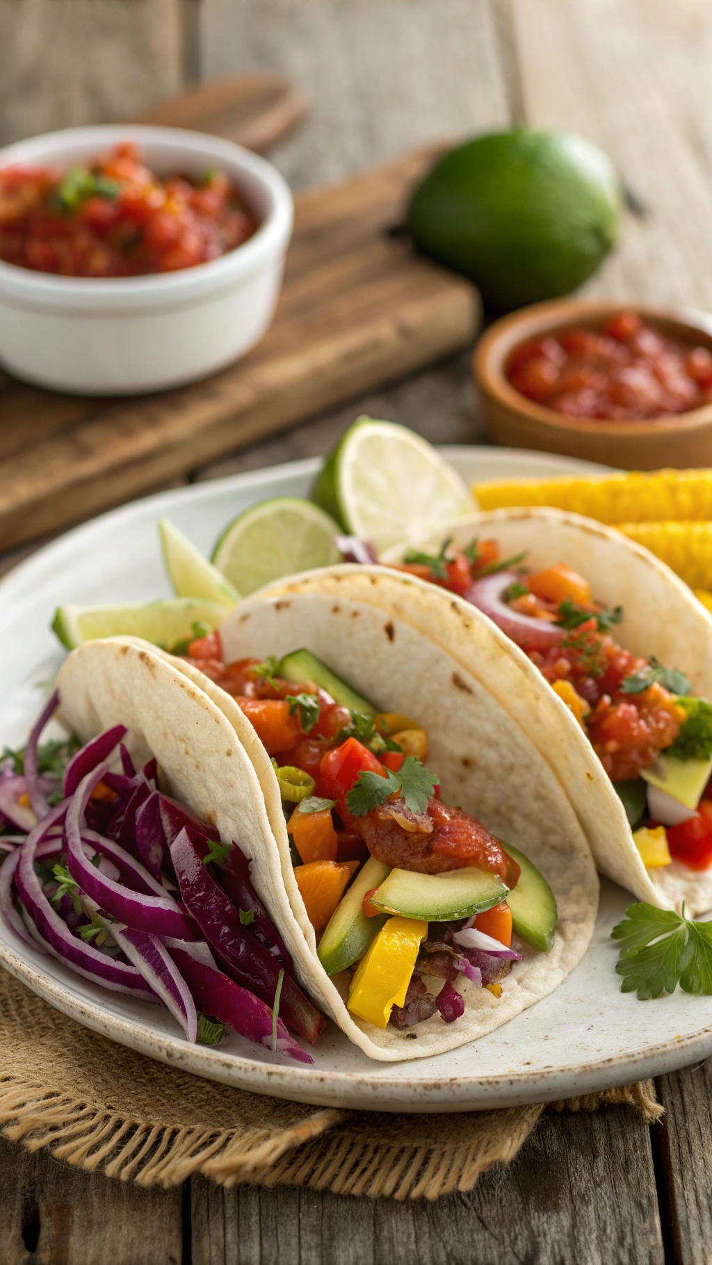 A plate of fresh veggie tacos with spicy salsa, garnished with lime wedges and colorful vegetables.