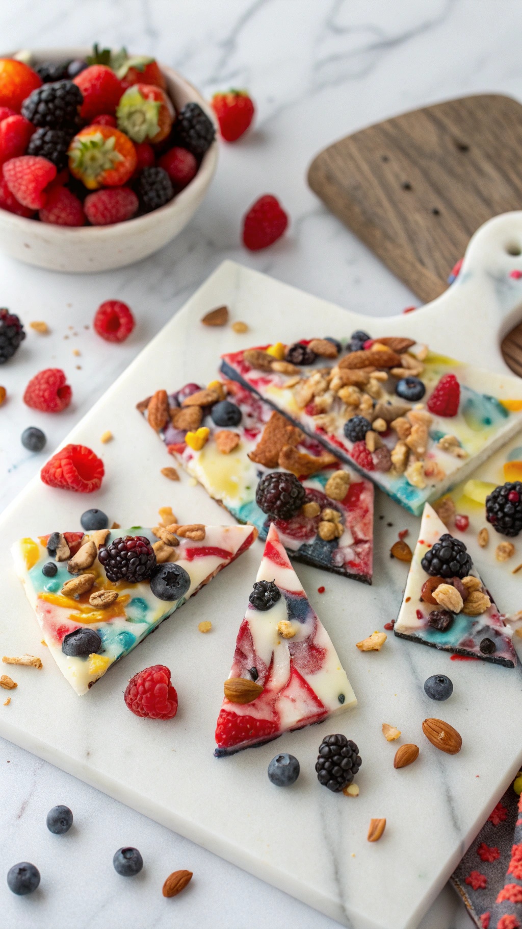 Frozen yogurt bark with berries and granola on a marble cutting board.