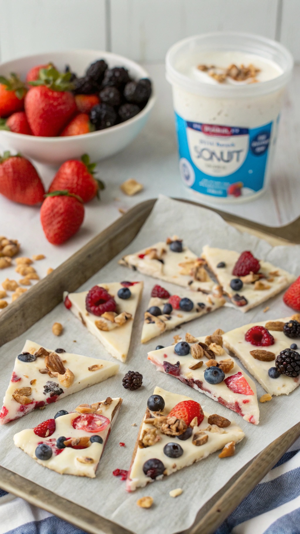 Frozen yogurt bark topped with berries and granola on a baking sheet