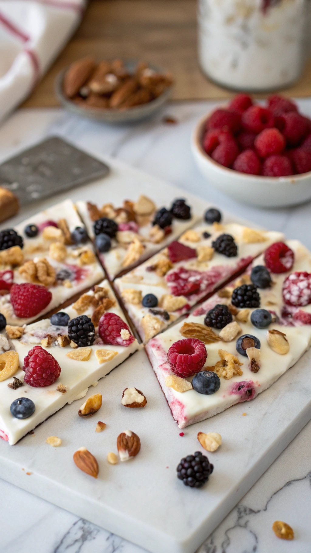 Frozen yogurt bark topped with berries and nuts on a marble surface.