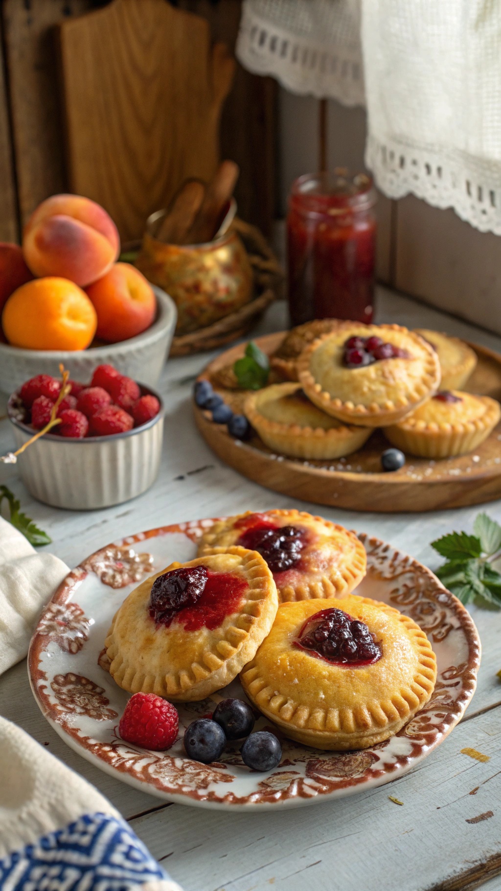 A plate of fruit-filled hand pies with fresh berries and peaches in a rustic setting.