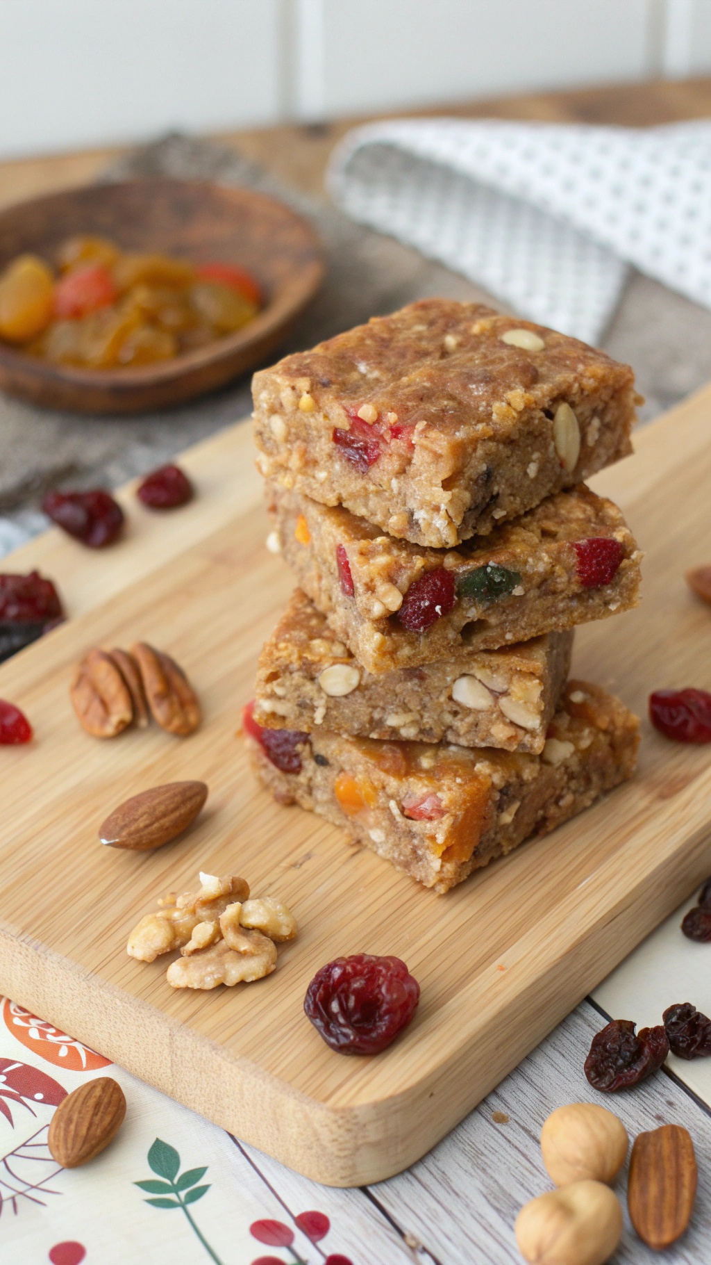 Homemade fruit and nut bars stacked on a wooden board with nuts and dried fruits scattered around.