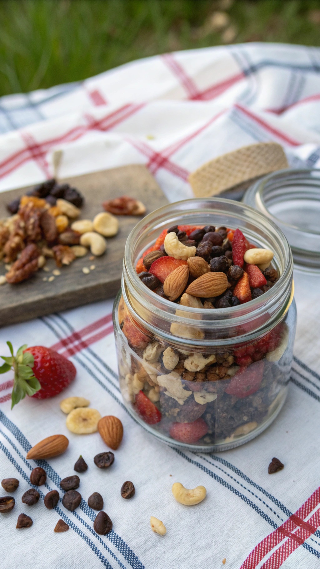 A jar of fruit and nut trail mix with almonds, cashews, dried strawberries, and cranberries