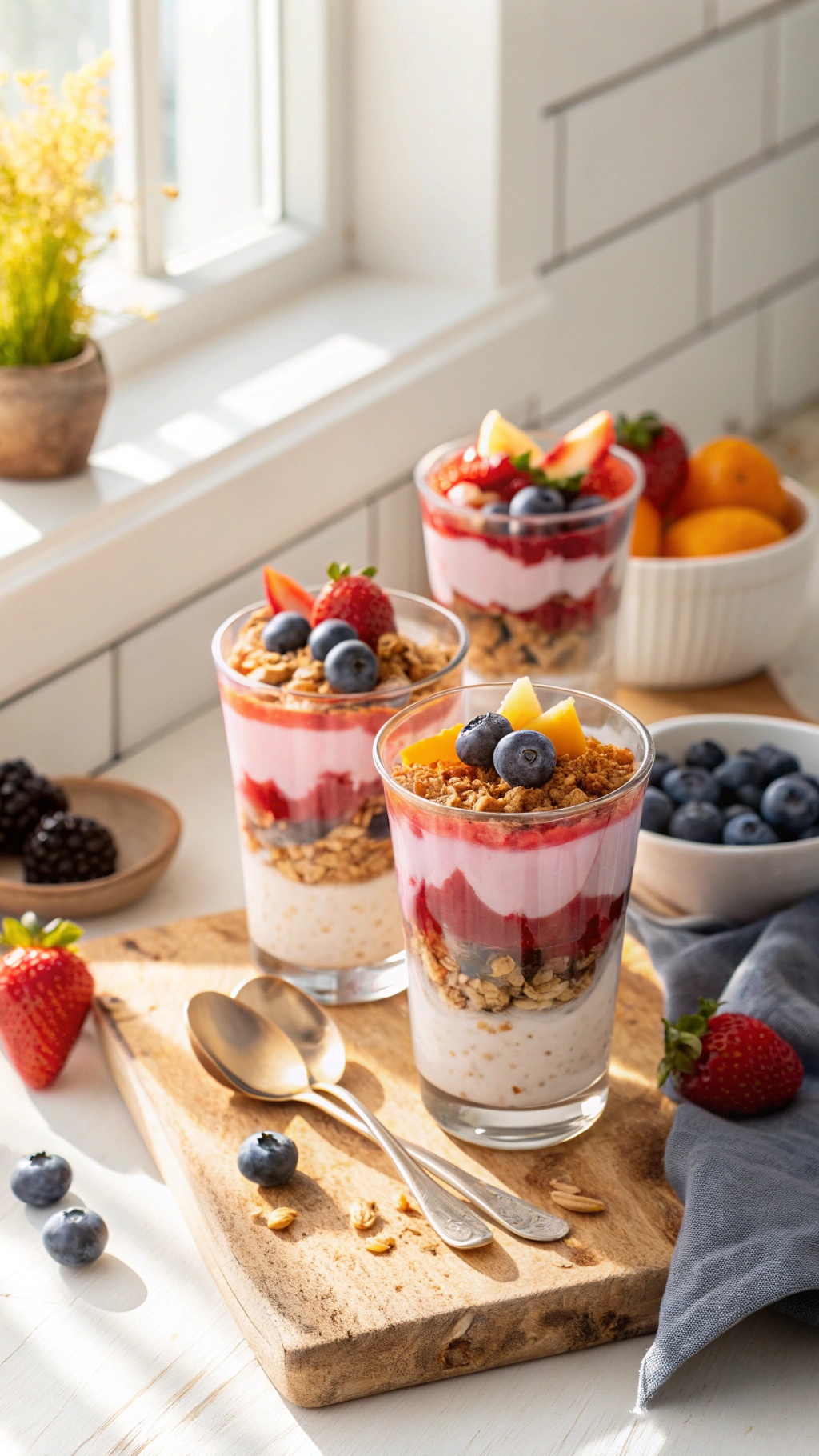 Colorful fruit and yogurt parfaits in clear glasses with layers of yogurt, berries, and granola.