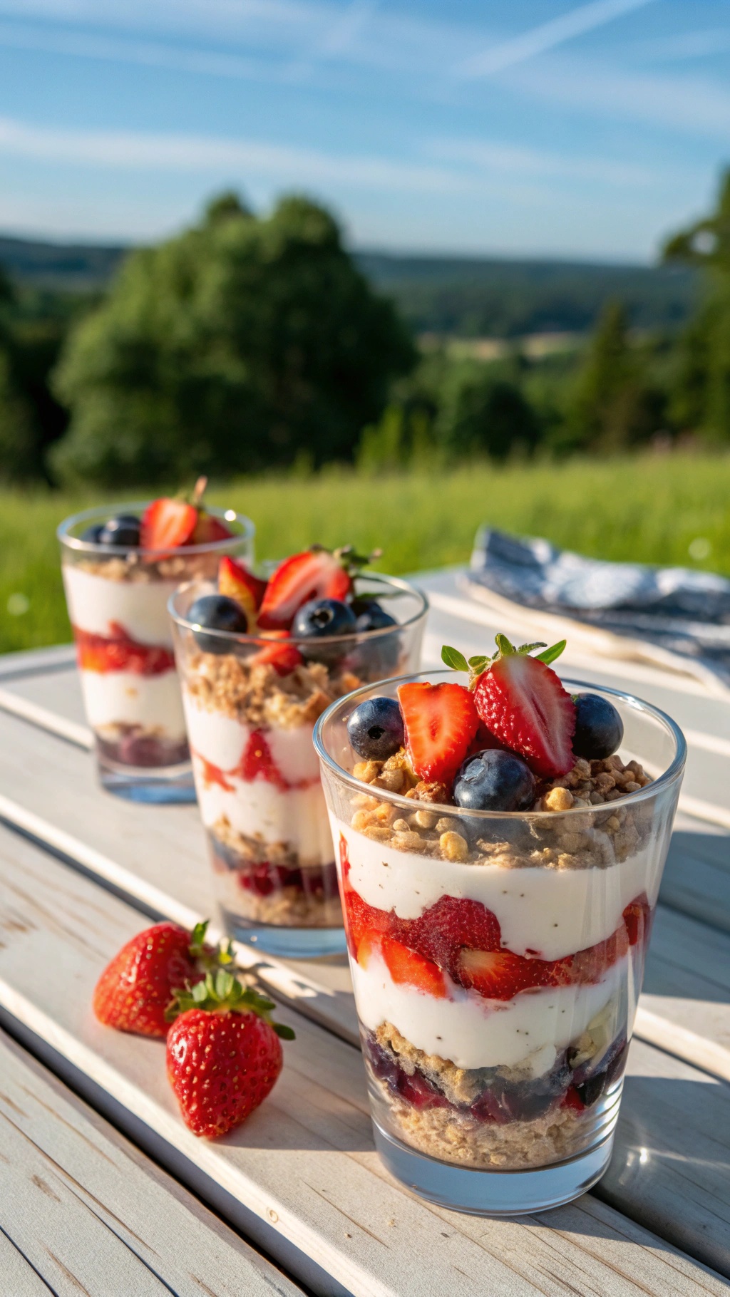 Three fruit and yogurt parfaits with layers of yogurt, granola, and mixed berries.