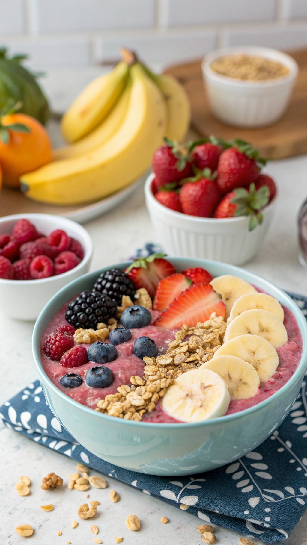 A colorful fruit and yogurt smoothie bowl topped with fresh fruits and granola.