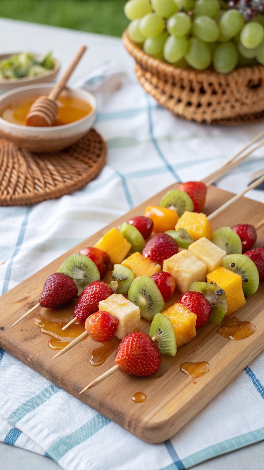Colorful fruit kabobs with strawberries, kiwi, pineapple, and mango on a wooden platter.