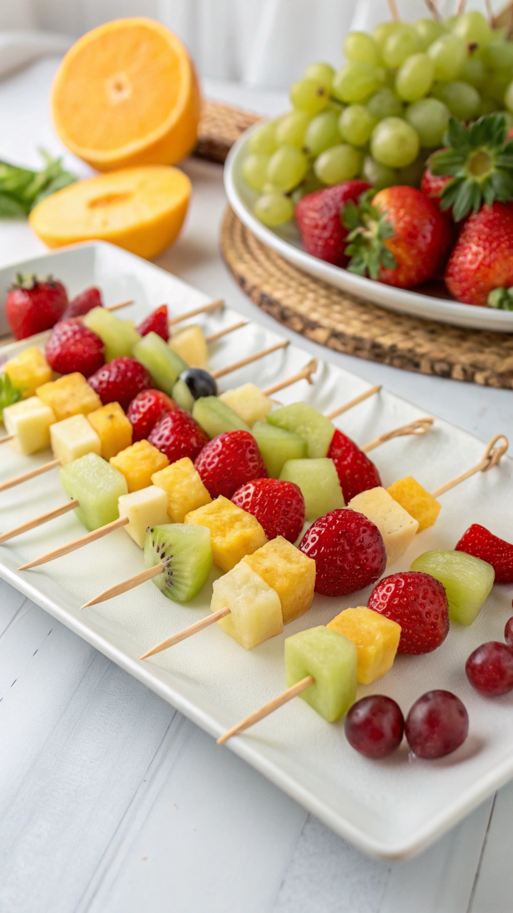 Colorful fruit skewers with strawberries, pineapple, kiwi, and grapes on a platter.