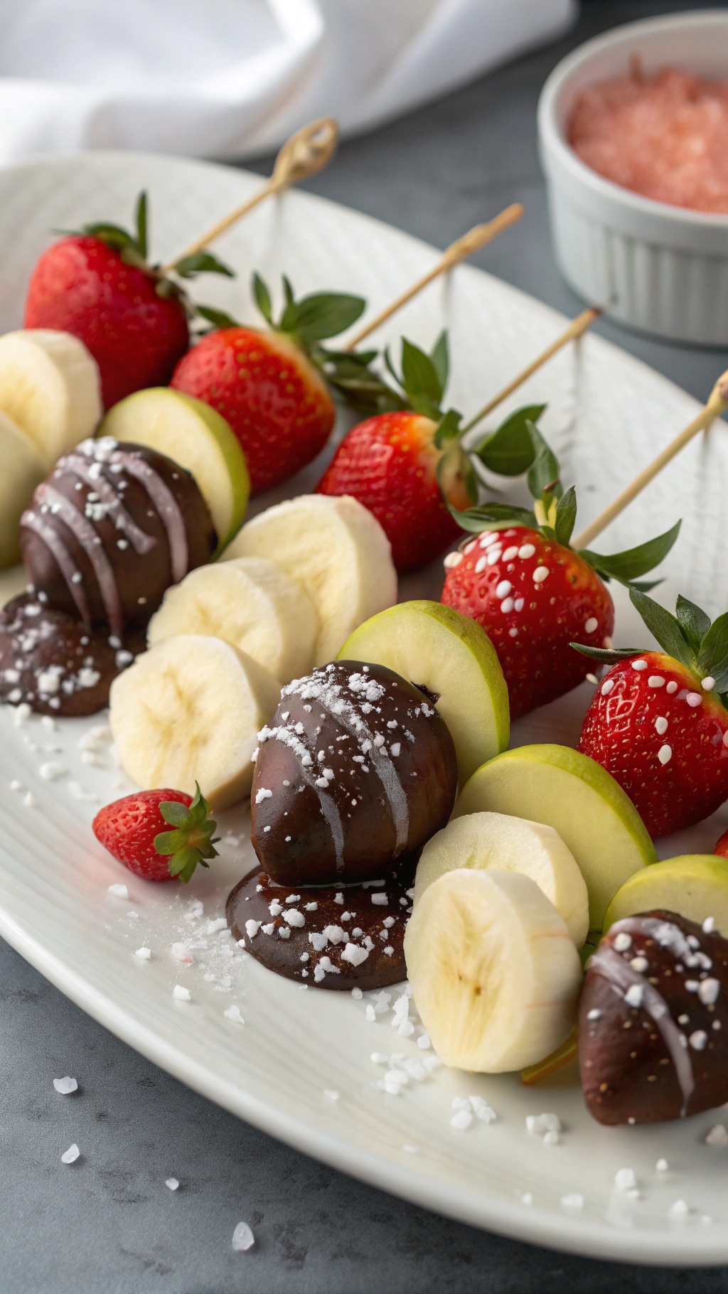 A platter of chocolate-dipped strawberries, banana slices, and apple slices, garnished with sea salt.