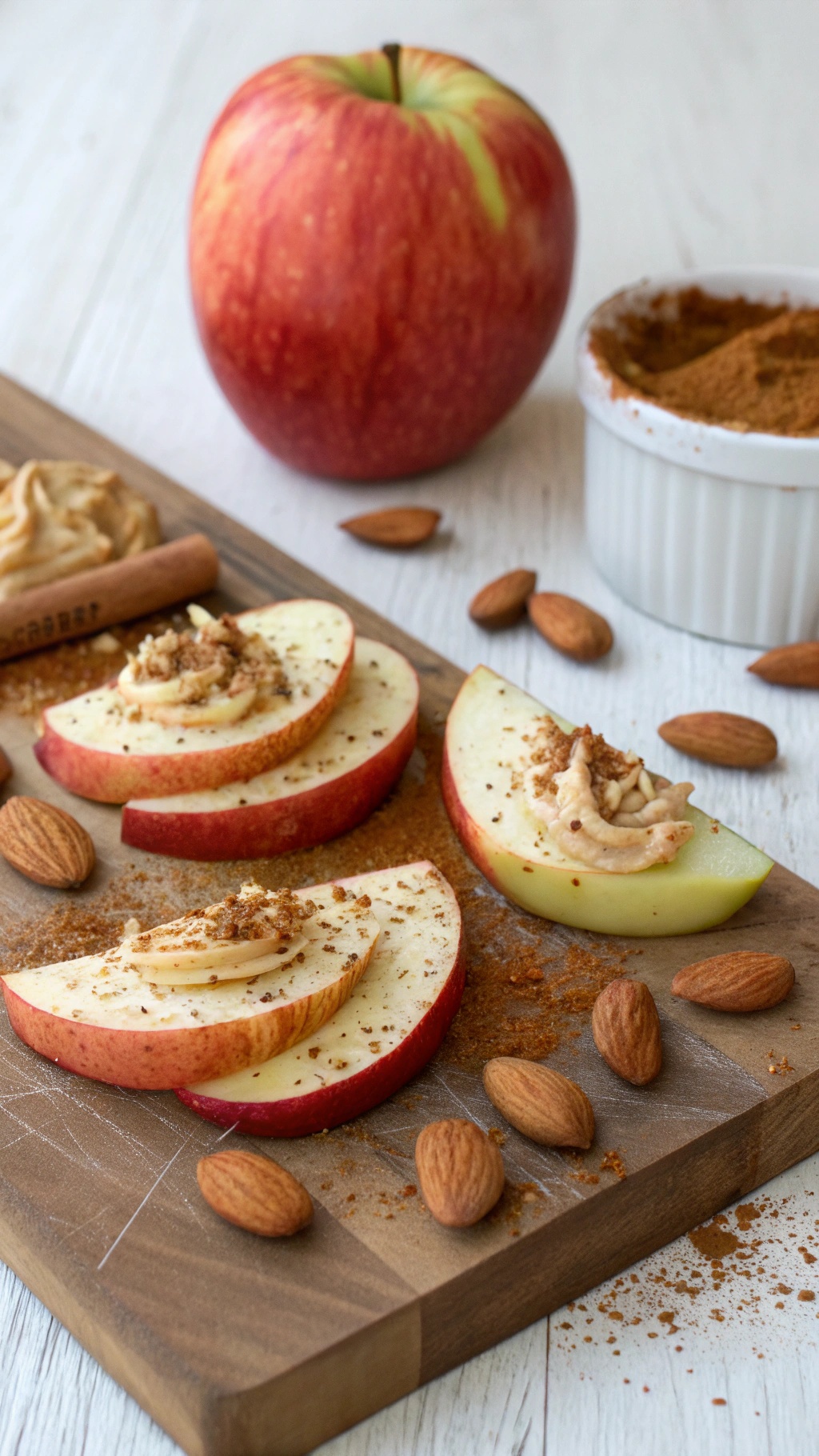 Apple slices with almond butter, sprinkled with cinnamon and surrounded by almonds.